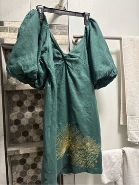 Green Puff-Sleeve Mini Dress with Gold Embroidery